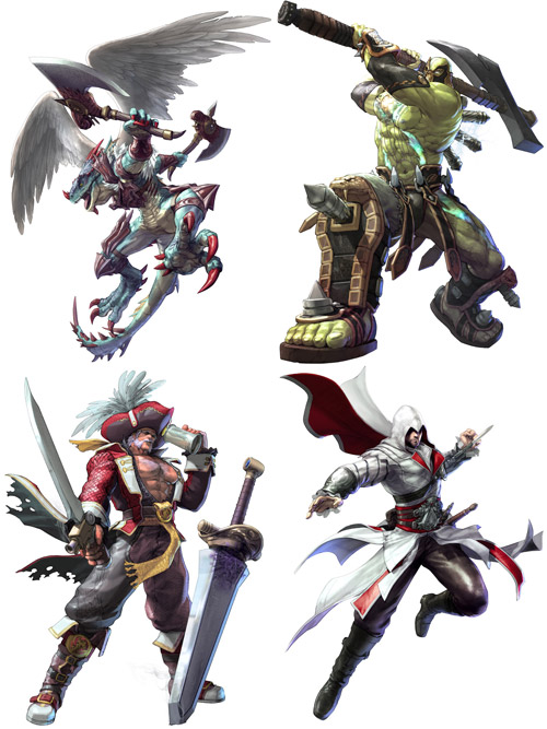 Aeon, Astaroth, Cervantes, and Ezio from SoulCalibur V