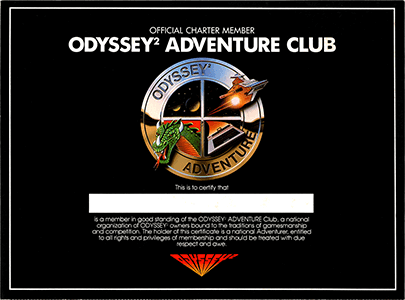 Odyssey² Adventure Club Membership Certificate